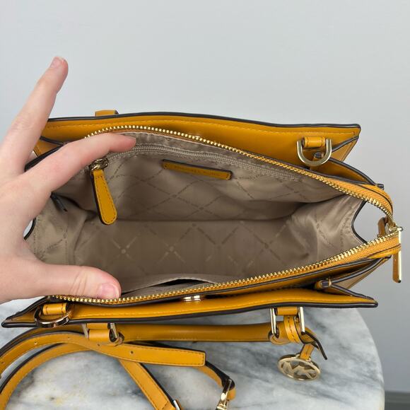 Michael Kors Yellow Leather And Brown Monogram Canvas Hope Satchel - Picture 6 of 12